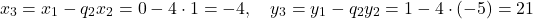 \[    x_3 = x_1 - q_2 x_2 = 0 - 4 \cdot 1 = -4, \quad y_3 = y_1 - q_2 y_2 = 1 - 4 \cdot (-5) = 21    \]