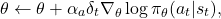 \[    \theta \leftarrow \theta + \alpha_a \delta_t \nabla_\theta \log \pi_\theta(a_t|s_t),    \]