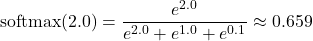 \[ \text{softmax}(2.0) = \frac{e^{2.0}}{e^{2.0} + e^{1.0} + e^{0.1}} \approx 0.659 \]