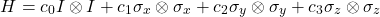 \[ H = c_0 I \otimes I + c_1 \sigma_x \otimes \sigma_x + c_2 \sigma_y \otimes \sigma_y + c_3 \sigma_z \otimes \sigma_z \]