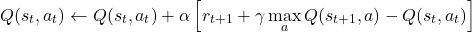 \[ Q(s_t, a_t) \leftarrow Q(s_t, a_t) + \alpha \left[ r_{t+1} + \gamma \max_{a} Q(s_{t+1}, a) - Q(s_t, a_t) \right] \]