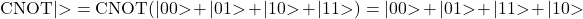 \[ \text{CNOT}|&psi;⟩ = \text{CNOT}(&alpha;|00⟩ + &beta;|01⟩ + &gamma;|10⟩ + &delta;|11⟩) = &alpha;|00⟩ + &beta;|01⟩ + &gamma;|11⟩ + &delta;|10⟩ \]