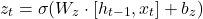 \[ z_t = \sigma(W_z \cdot [h_{t-1}, x_t] + b_z) \]